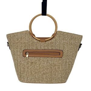 Be Dazzled Womens 2-Way Two-Tone Round Bamboo Handle‎ Straw Satchel Bag NWT